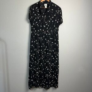 AW‎ Sport Aly-Wear Black Midi Dress M Floral Button Front Viscose Lined Vintage